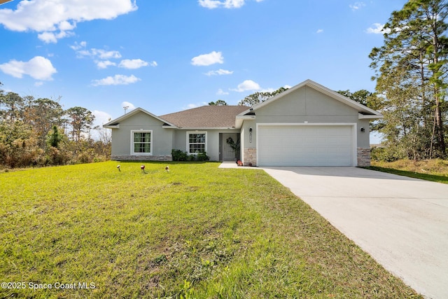 ranch-style house with a front yard and a garage