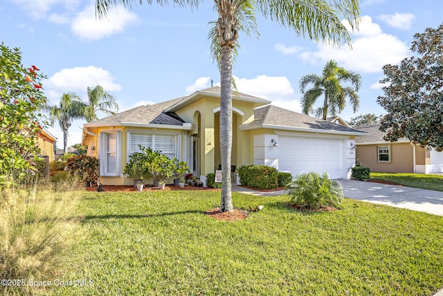 single story home featuring a garage and a front lawn