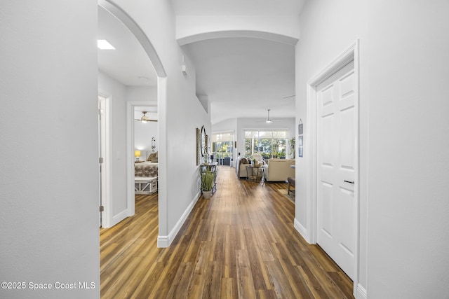 corridor with lofted ceiling and dark wood-type flooring