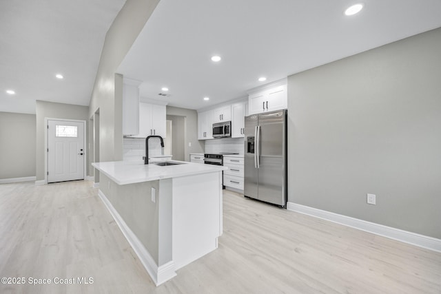 kitchen with white cabinets, sink, appliances with stainless steel finishes, tasteful backsplash, and kitchen peninsula