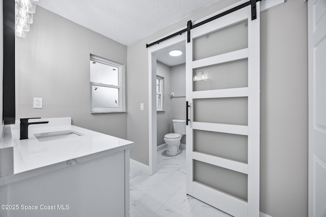 bathroom with vanity, a textured ceiling, and toilet