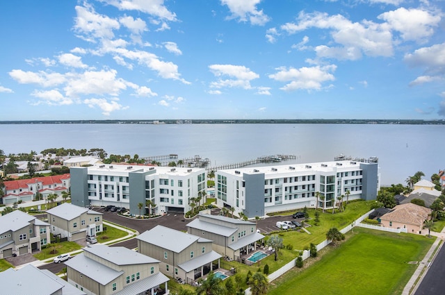 aerial view featuring a water view