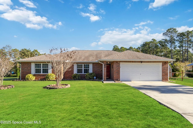 single story home with a garage and a front yard