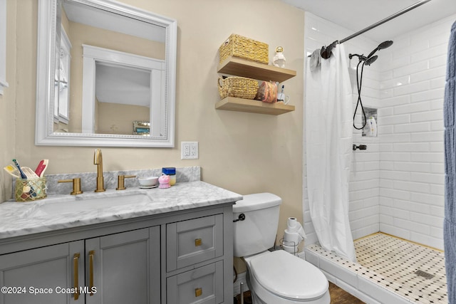 bathroom with a shower with curtain, vanity, and toilet