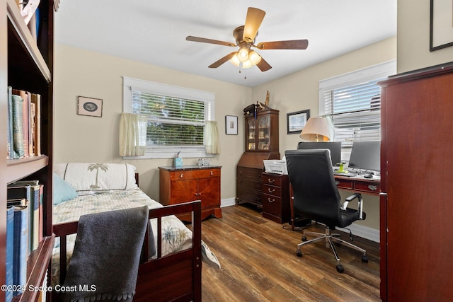 interior space featuring ceiling fan and dark hardwood / wood-style floors