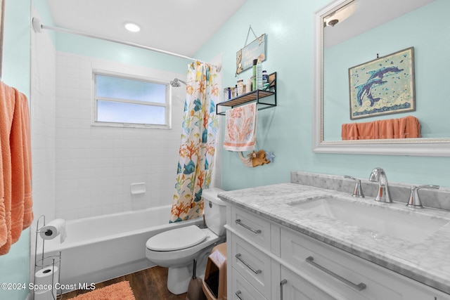 full bathroom with shower / bathtub combination with curtain, toilet, vanity, and hardwood / wood-style flooring