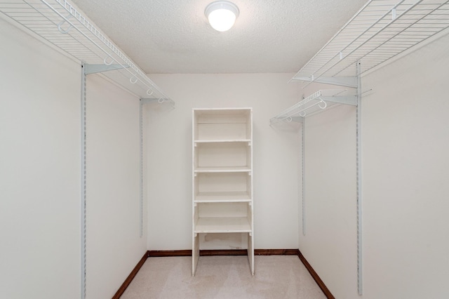 spacious closet featuring light colored carpet