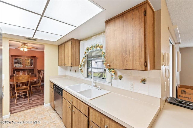 kitchen featuring backsplash, stainless steel dishwasher, ceiling fan, sink, and light tile patterned floors