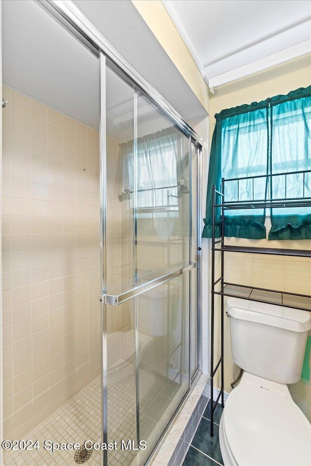 bathroom with tile patterned flooring, a shower with door, and a healthy amount of sunlight