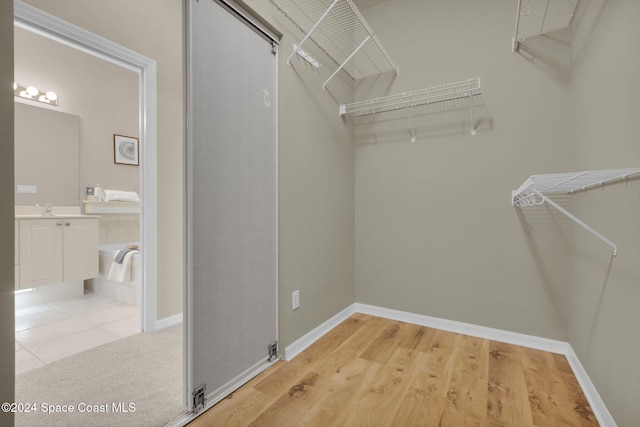 spacious closet featuring sink and light hardwood / wood-style flooring