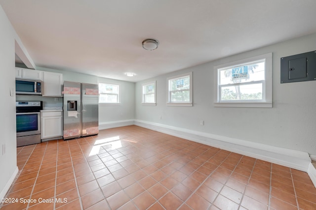 kitchen featuring electric panel, white cabinetry, stainless steel appliances, and light tile patterned floors