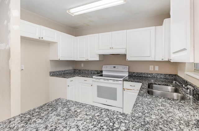 kitchen with white range with electric cooktop, white cabinetry, sink, and dark stone counters