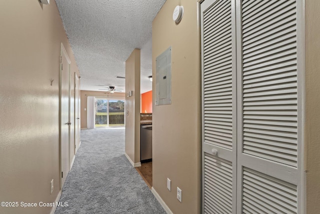 hallway with electric panel, carpet, and a textured ceiling