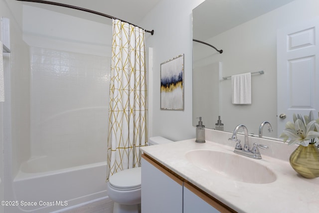 full bathroom with vanity, toilet, and shower / bath combo with shower curtain