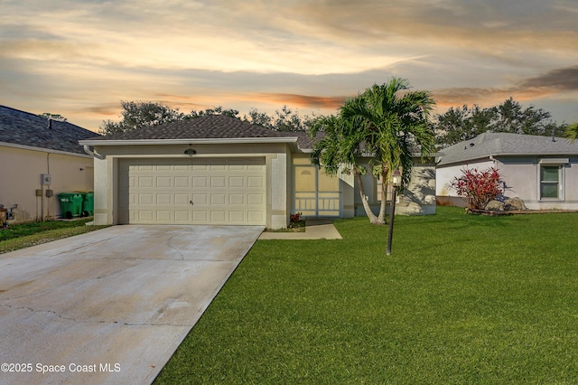 ranch-style home featuring a garage and a yard