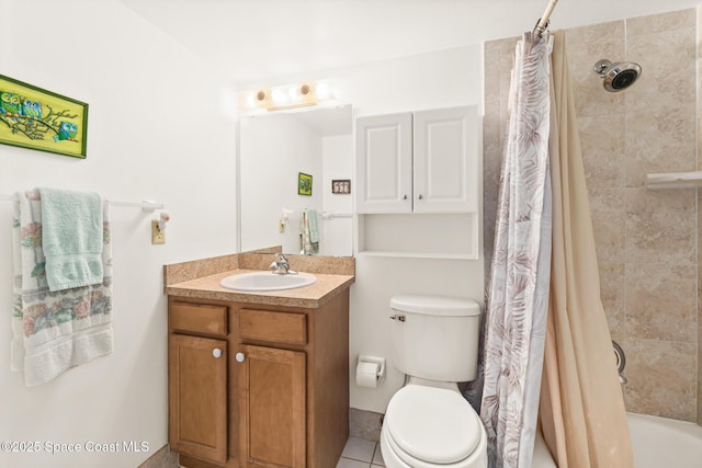 full bathroom with tile patterned flooring, vanity, shower / bath combo, and toilet