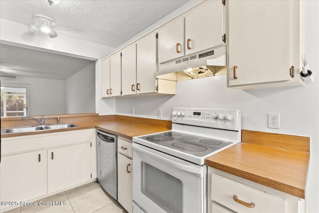 kitchen with white cabinetry, dishwasher, sink, white range with electric cooktop, and light tile patterned floors