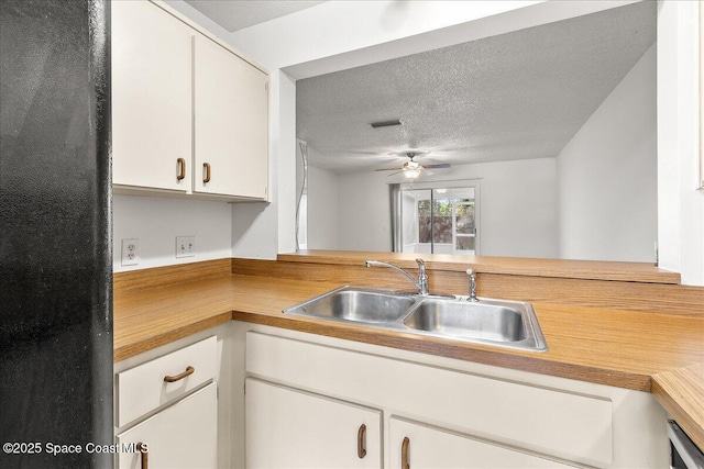 kitchen with sink, stainless steel dishwasher, ceiling fan, a textured ceiling, and white cabinetry