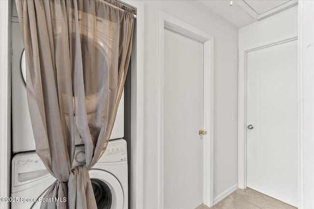 washroom with stacked washer / dryer, light carpet, and a textured ceiling