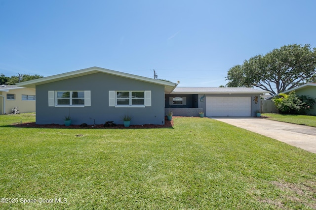 346 Cyprus Dr, Cocoa Beach, FL 32931 - ranch-style house with a garage, driveway, a front yard, and stucco siding