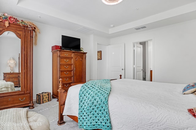 carpeted bedroom featuring a raised ceiling