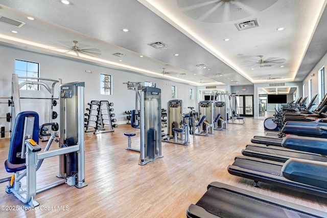 gym featuring light wood-type flooring, a tray ceiling, and ceiling fan