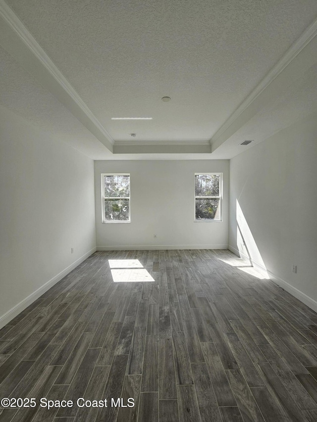 empty room featuring a healthy amount of sunlight, a textured ceiling, a tray ceiling, and dark hardwood / wood-style floors