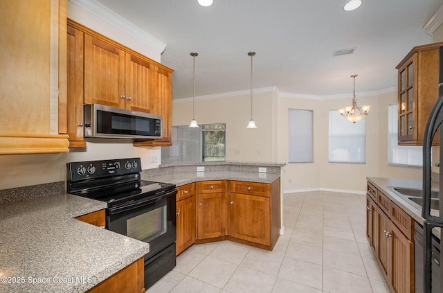 kitchen featuring electric range, a chandelier, decorative light fixtures, light tile patterned floors, and ornamental molding