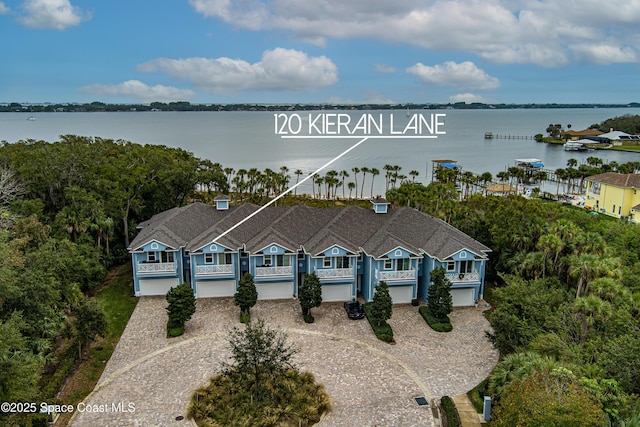 aerial view featuring a water view