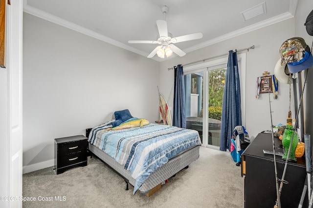 carpeted bedroom featuring access to outside, ceiling fan, and crown molding