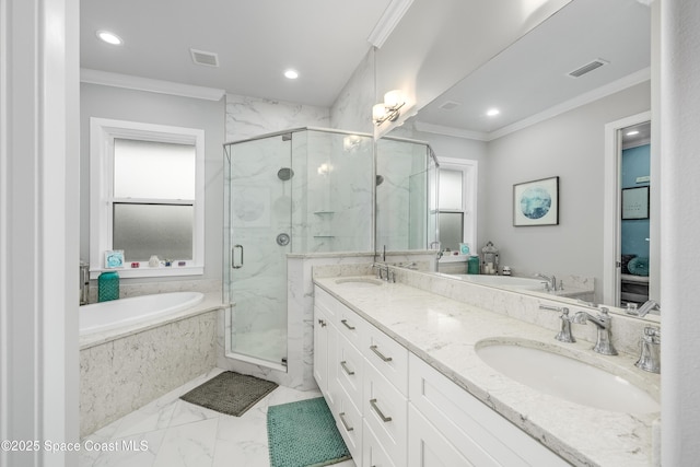 bathroom featuring vanity, ornamental molding, and shower with separate bathtub