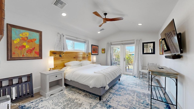 bedroom featuring ceiling fan, light wood-type flooring, lofted ceiling, and access to outside