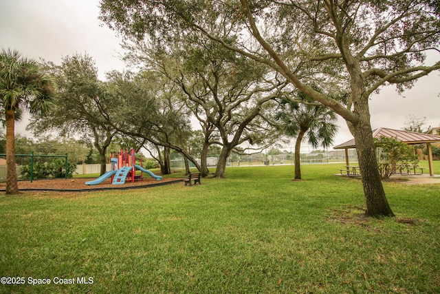 view of yard featuring a playground and a gazebo