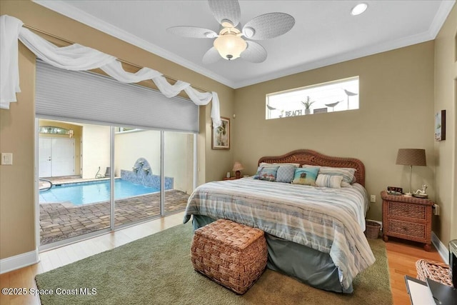 bedroom featuring access to exterior, wood-type flooring, ceiling fan, and ornamental molding