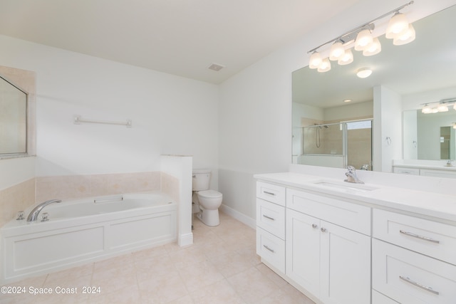 full bathroom featuring tile patterned flooring, vanity, toilet, and shower with separate bathtub