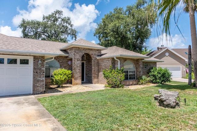 ranch-style home with a front lawn and a garage