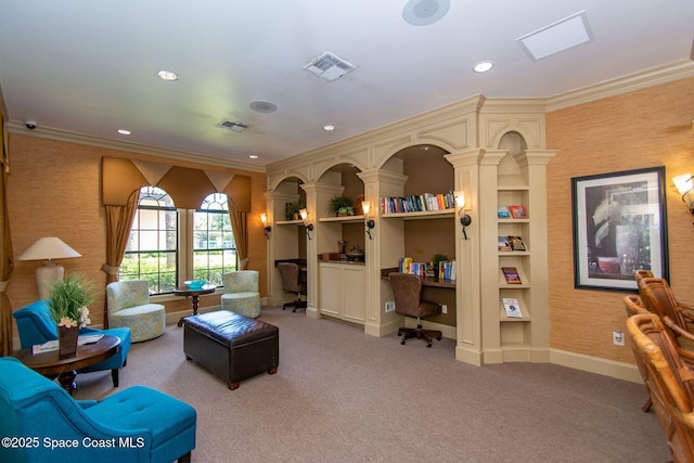 living area featuring light colored carpet and crown molding