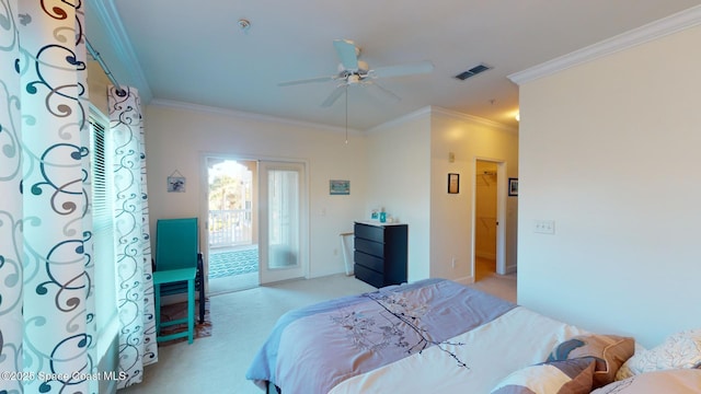 carpeted bedroom with access to outside, ceiling fan, and ornamental molding