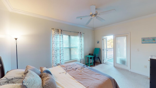 carpeted bedroom featuring multiple windows, access to outside, ceiling fan, and crown molding