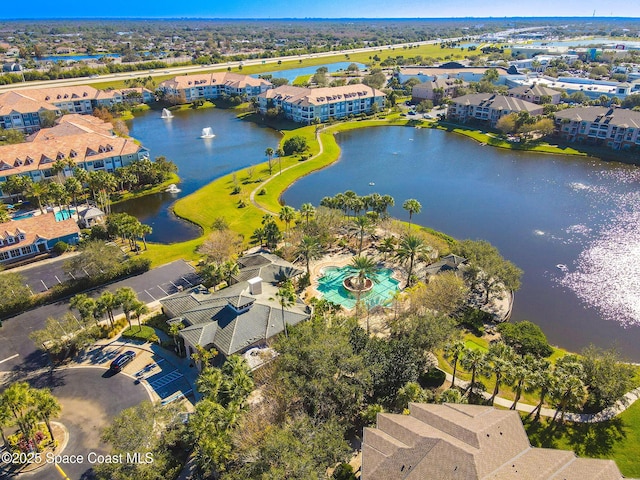 drone / aerial view featuring a water view