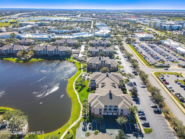 aerial view featuring a water view