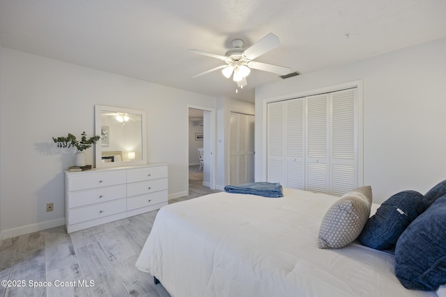 bedroom featuring ceiling fan and light hardwood / wood-style flooring