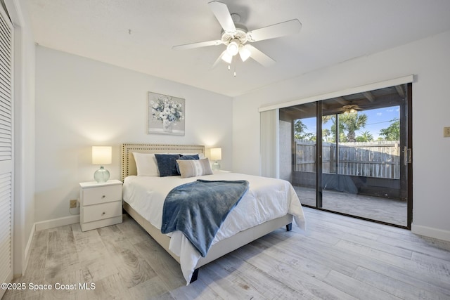 bedroom with ceiling fan, access to outside, and light wood-type flooring