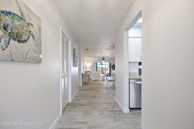 hallway with a textured ceiling and light hardwood / wood-style flooring