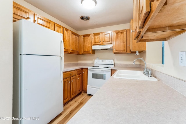 kitchen with white appliances, light hardwood / wood-style flooring, and sink