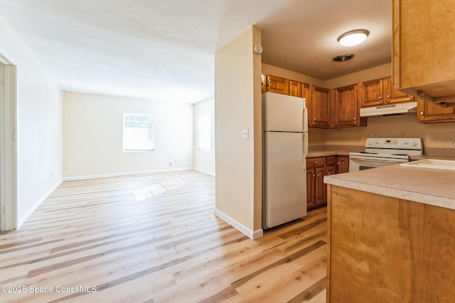 kitchen with white appliances, sink, and light hardwood / wood-style flooring