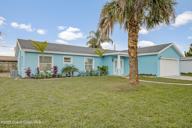 ranch-style house with a front lawn and cooling unit