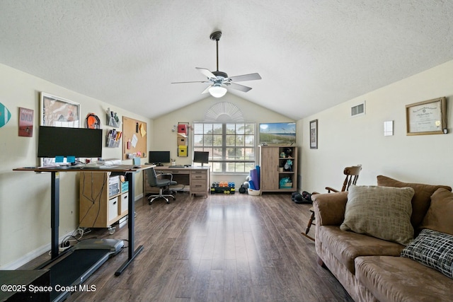 office space featuring hardwood / wood-style floors, a textured ceiling, ceiling fan, and lofted ceiling