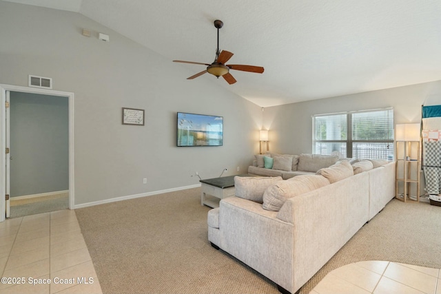 living room with light carpet, ceiling fan, and lofted ceiling