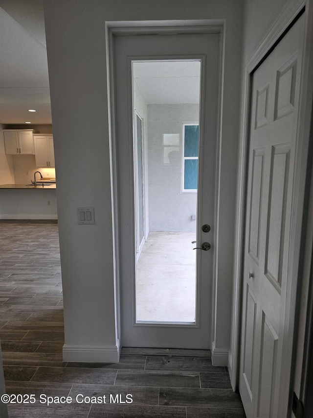 interior space with dark hardwood / wood-style flooring and sink